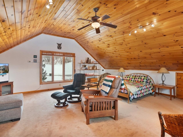 carpeted bedroom featuring wood ceiling, baseboards, and vaulted ceiling