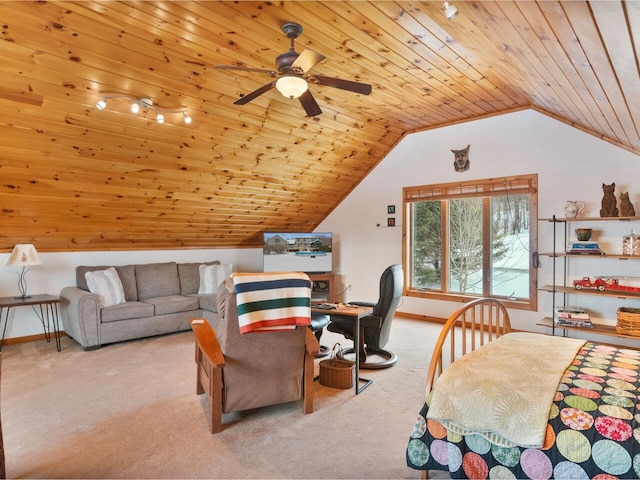 bedroom featuring lofted ceiling, carpet, wood ceiling, and baseboards