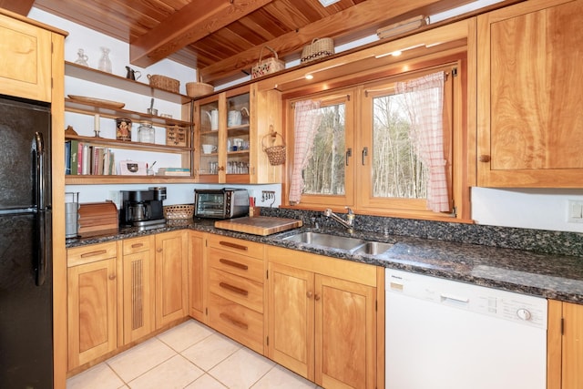 kitchen with dishwasher, wood ceiling, freestanding refrigerator, beam ceiling, and a sink