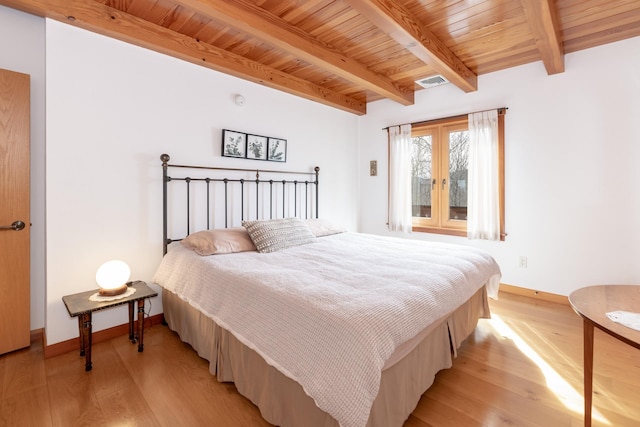 bedroom with light wood-style flooring, wooden ceiling, and visible vents