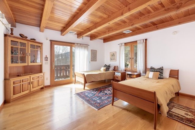 bedroom with french doors, light wood-style flooring, access to outside, wooden ceiling, and beamed ceiling