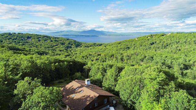 aerial view with a mountain view and a wooded view