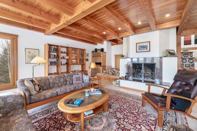 tiled living area with a premium fireplace, wooden ceiling, beam ceiling, and recessed lighting