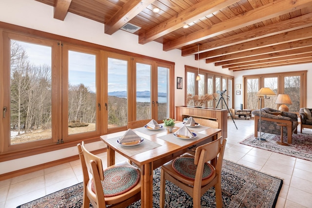 sunroom with wooden ceiling, a mountain view, visible vents, french doors, and beam ceiling