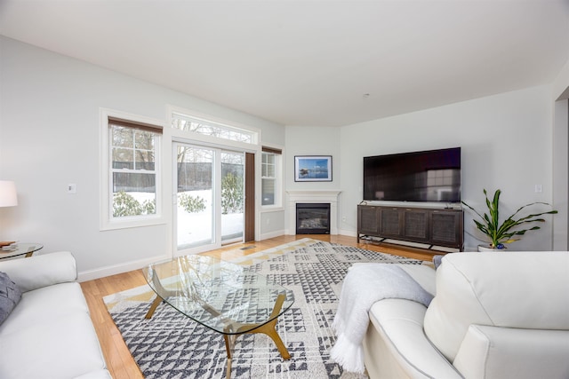 living area featuring a glass covered fireplace, baseboards, and wood finished floors