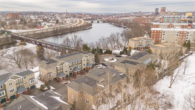 aerial view with a water view and a city view