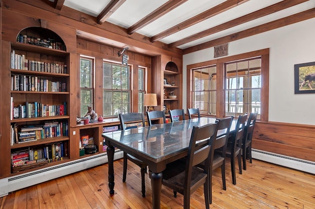 dining room with built in shelves, beam ceiling, a baseboard radiator, wooden walls, and hardwood / wood-style flooring