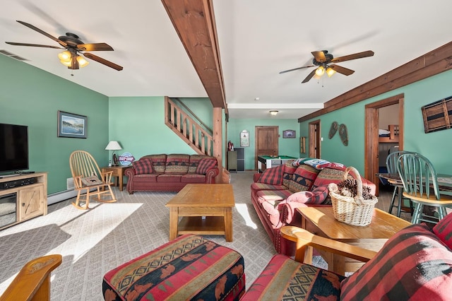 living area with ceiling fan, a baseboard heating unit, carpet flooring, visible vents, and stairs