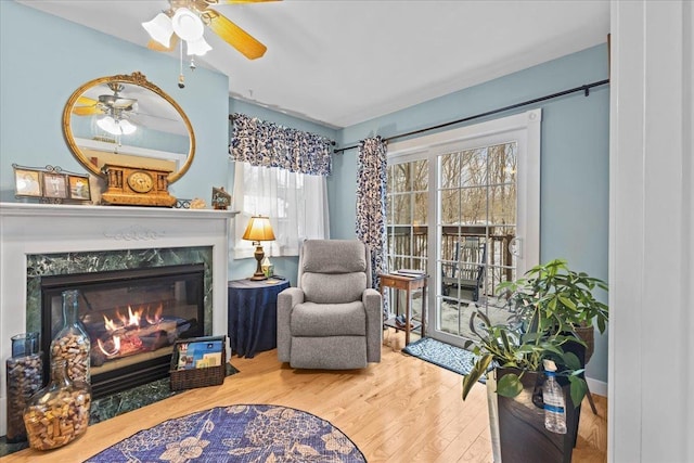 living area featuring a premium fireplace and wood finished floors