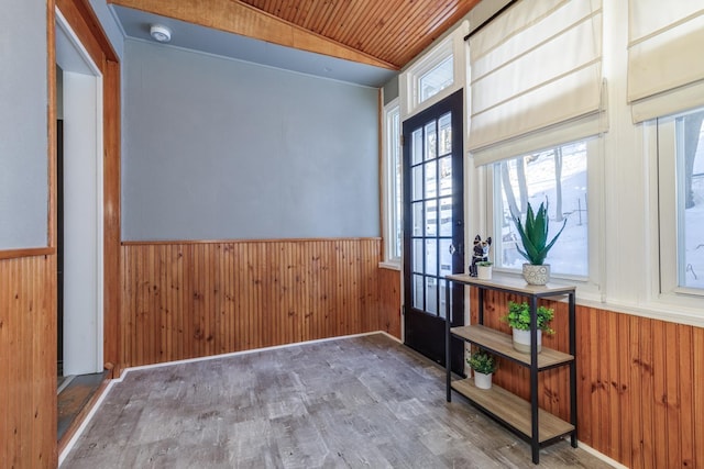 interior space featuring wooden ceiling, a wainscoted wall, wood finished floors, and wood walls