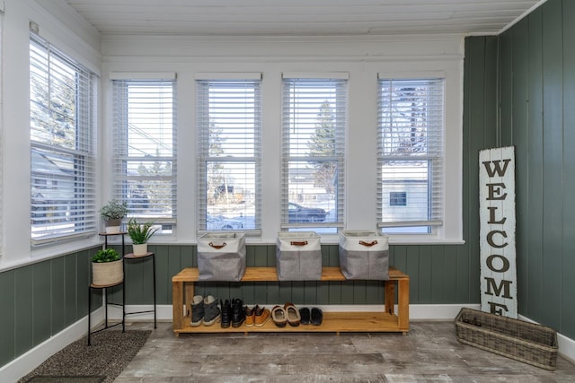 living area featuring wooden walls and wood finished floors