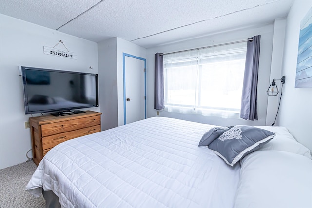 bedroom with carpet and a textured ceiling