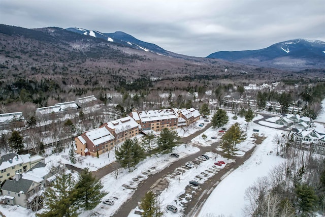 snowy aerial view with a mountain view