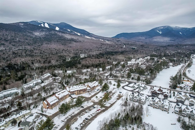 snowy aerial view with a mountain view