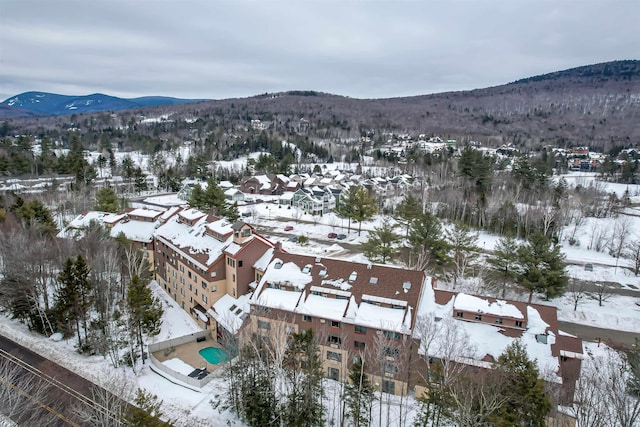 snowy aerial view featuring a mountain view