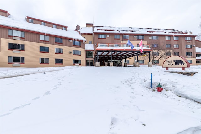 view of snow covered building