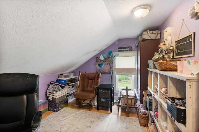 office space featuring lofted ceiling, a textured ceiling, and wood finished floors