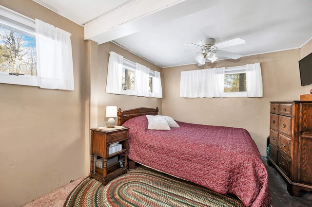 bedroom featuring ornamental molding and a ceiling fan