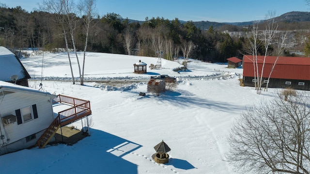 snowy yard with a wooded view