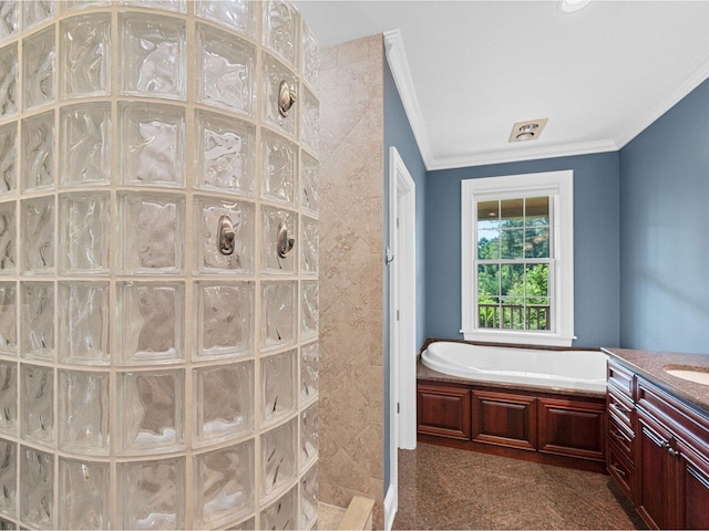 bathroom with a garden tub, crown molding, vanity, and walk in shower