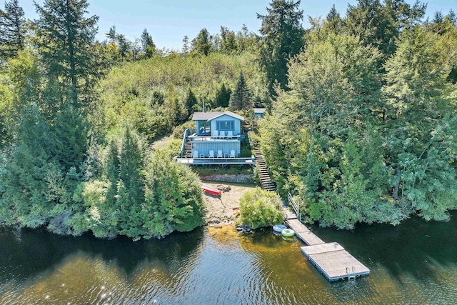 drone / aerial view featuring a water view and a forest view