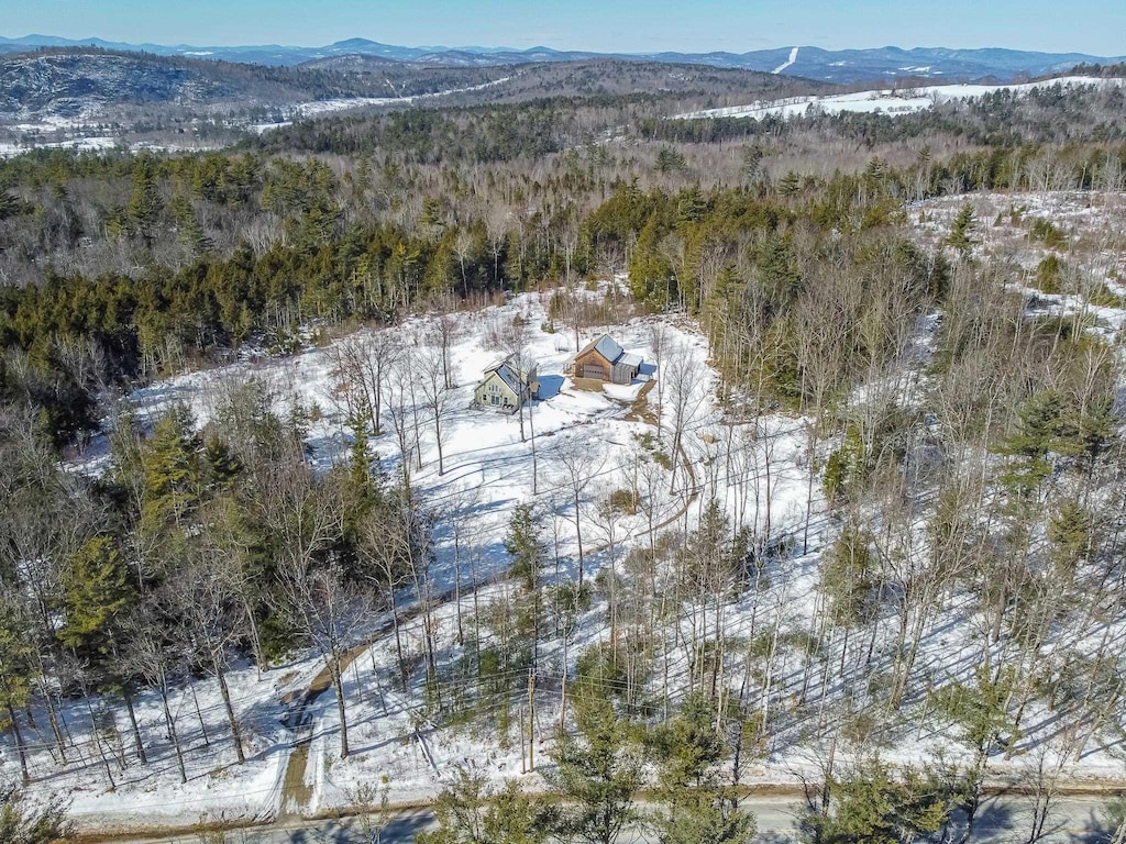 snowy aerial view with a forest view and a mountain view