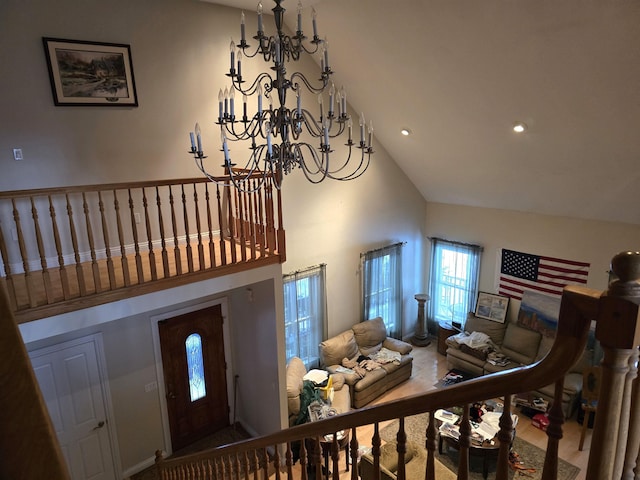 96 Mason Dr, Milan, NH 03588 - entrance foyer featuring high vaulted ceiling, recessed lighting, and a notable chandelier