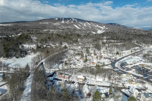 snowy aerial view featuring a mountain view