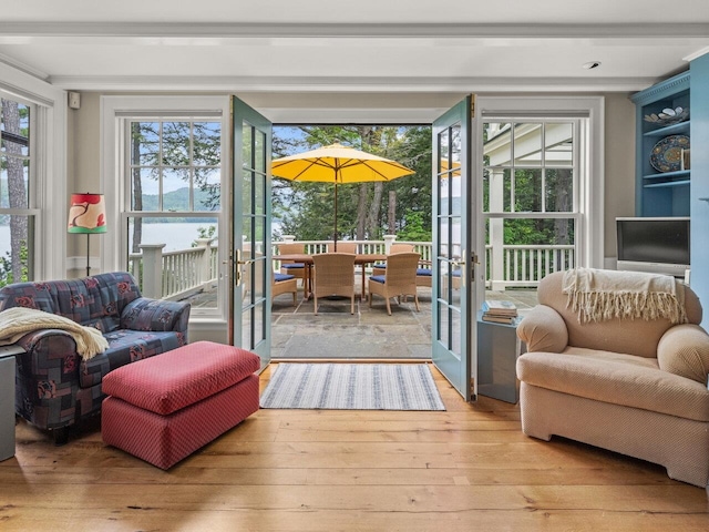 doorway to outside featuring plenty of natural light, light wood-style flooring, and french doors