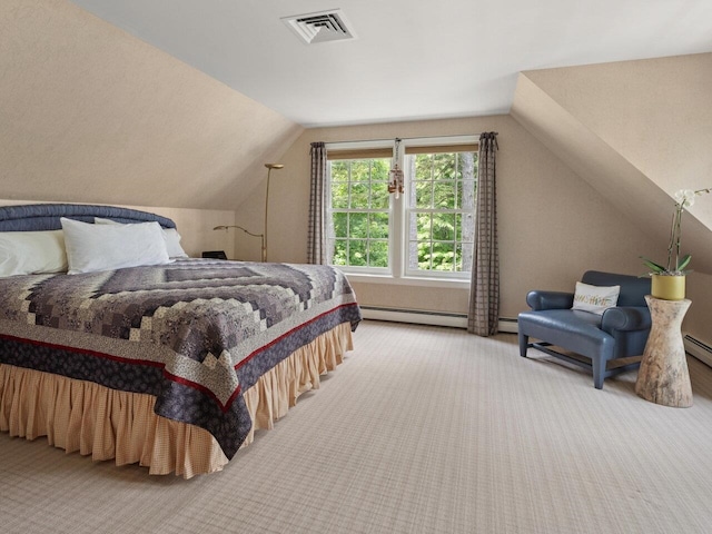 bedroom with lofted ceiling, carpet floors, a baseboard radiator, and visible vents