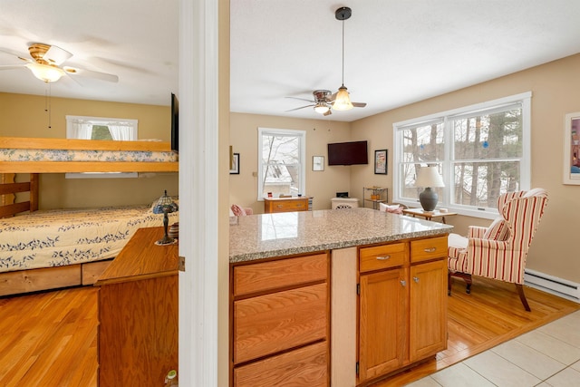 kitchen featuring light wood-style floors, a healthy amount of sunlight, hanging light fixtures, and a ceiling fan