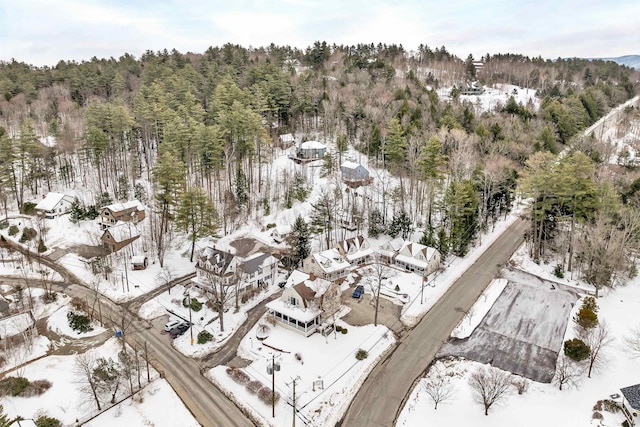 snowy aerial view with a view of trees