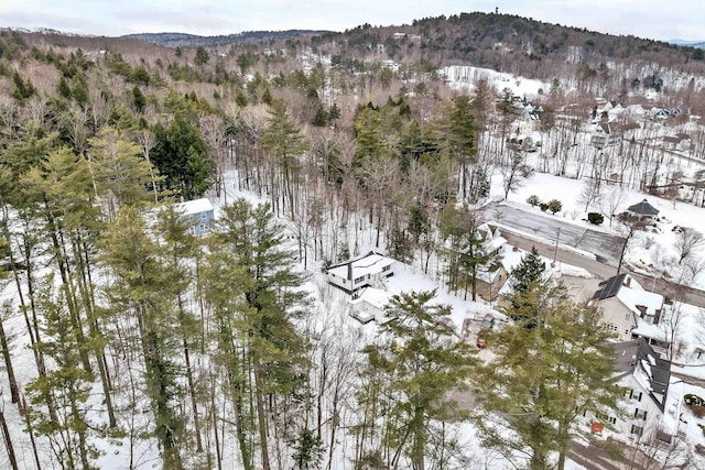 snowy aerial view featuring a forest view and a mountain view