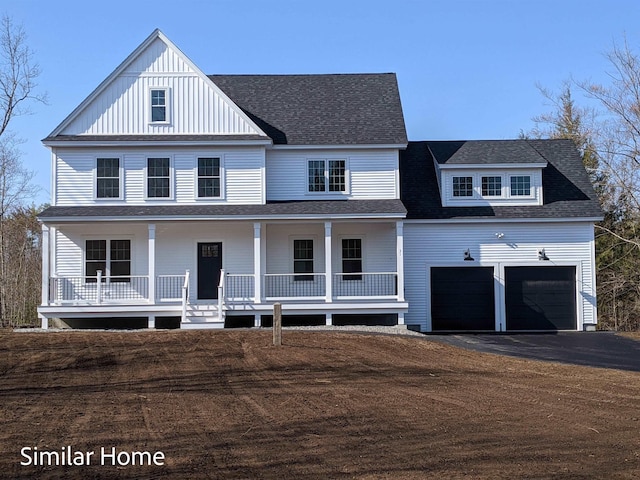 view of front of property with a garage, a shingled roof, aphalt driveway, a porch, and board and batten siding