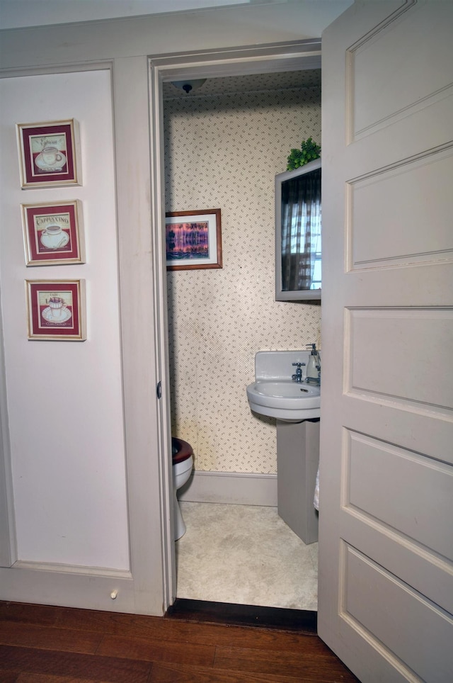 half bath featuring a sink, wood finished floors, toilet, and baseboards