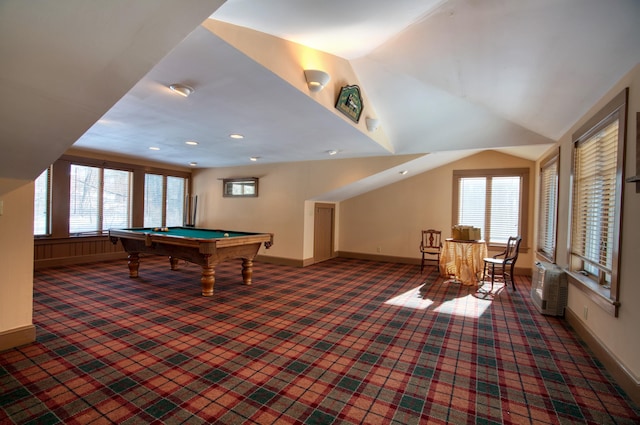 game room featuring a wealth of natural light, carpet flooring, and lofted ceiling