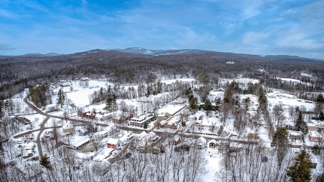 snowy aerial view with a mountain view