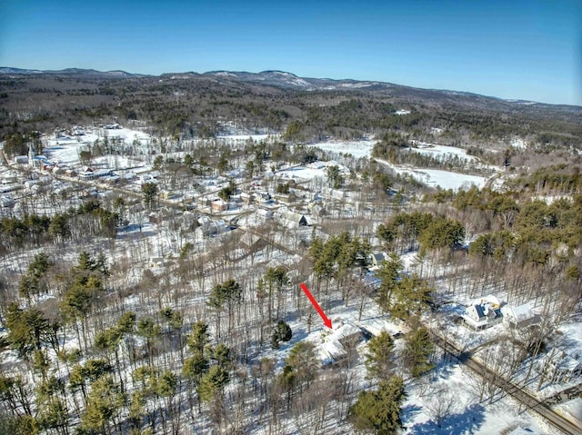 snowy aerial view with a mountain view