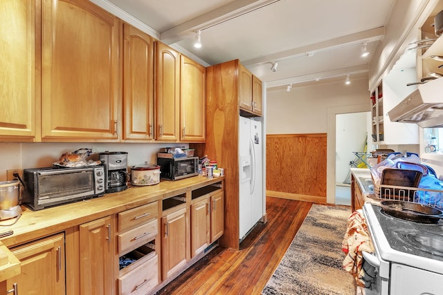 kitchen featuring white appliances, a toaster, wainscoting, dark wood-style floors, and butcher block countertops