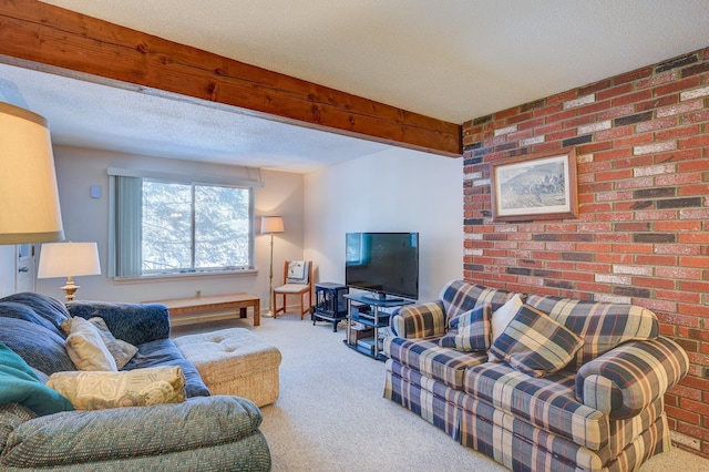 living room featuring a textured ceiling, beam ceiling, and carpet flooring