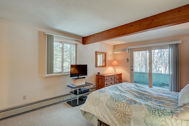 bedroom with access to outside, beam ceiling, multiple windows, and a wall mounted AC