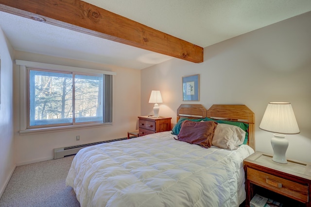 bedroom featuring carpet floors, a baseboard radiator, beamed ceiling, and baseboards