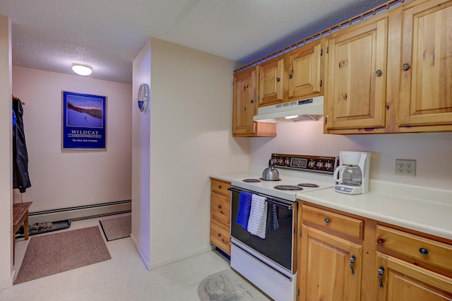 kitchen with a textured ceiling, under cabinet range hood, electric range, light countertops, and baseboard heating