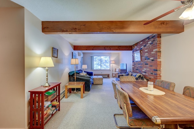 carpeted dining room featuring a textured ceiling, a baseboard radiator, beam ceiling, and a ceiling fan