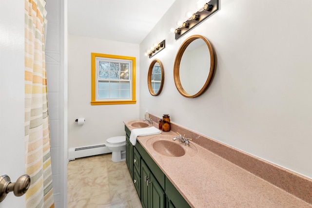 full bathroom featuring curtained shower, baseboard heating, vanity, and toilet