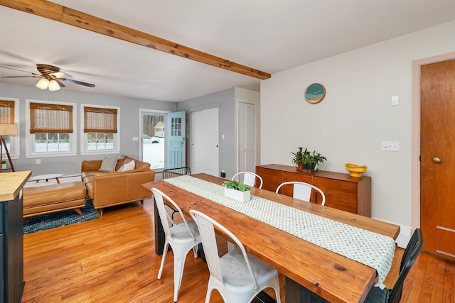 dining area with light wood finished floors, ceiling fan, and beam ceiling