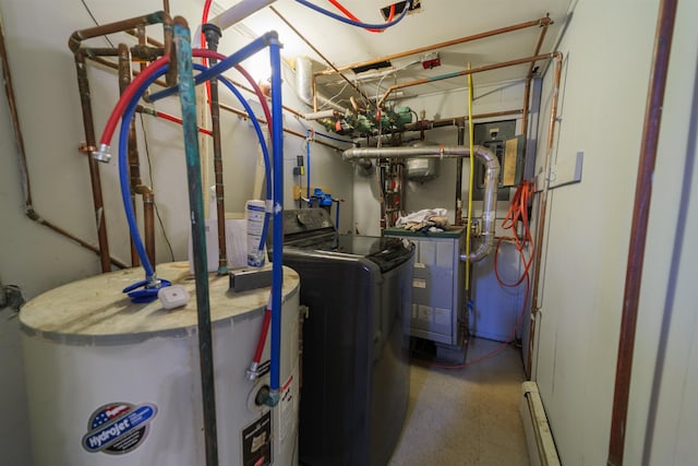 utility room with a baseboard radiator and water heater