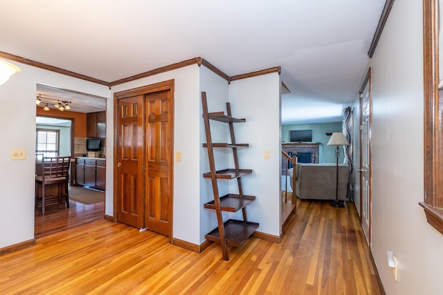 corridor with ornamental molding, baseboards, and light wood finished floors