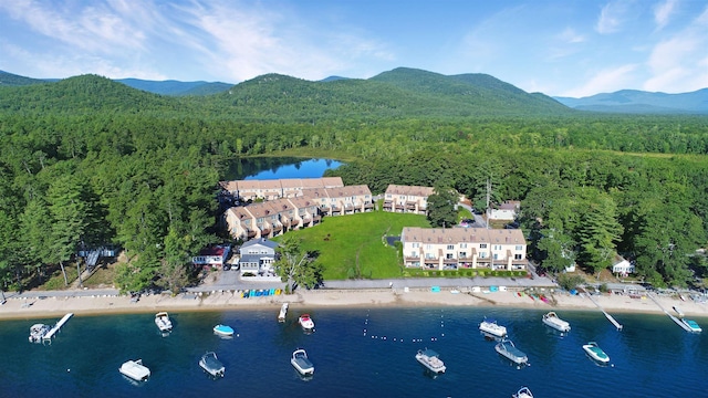 bird's eye view with a water and mountain view and a view of trees