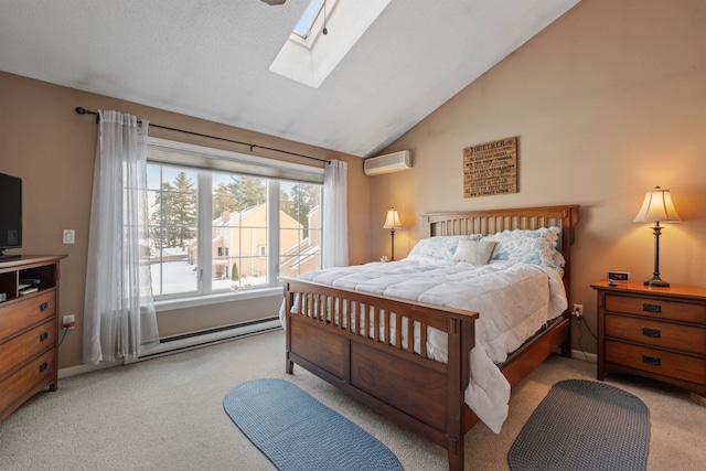 bedroom featuring a baseboard radiator, light colored carpet, vaulted ceiling with skylight, and a wall unit AC